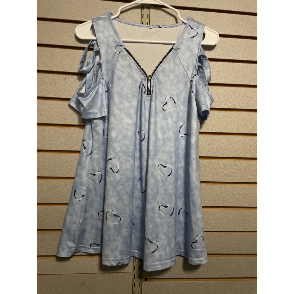 Womens Blue Tie Shoulder Cold Shoulder Heart Print Zip Up Tunic Top Size L